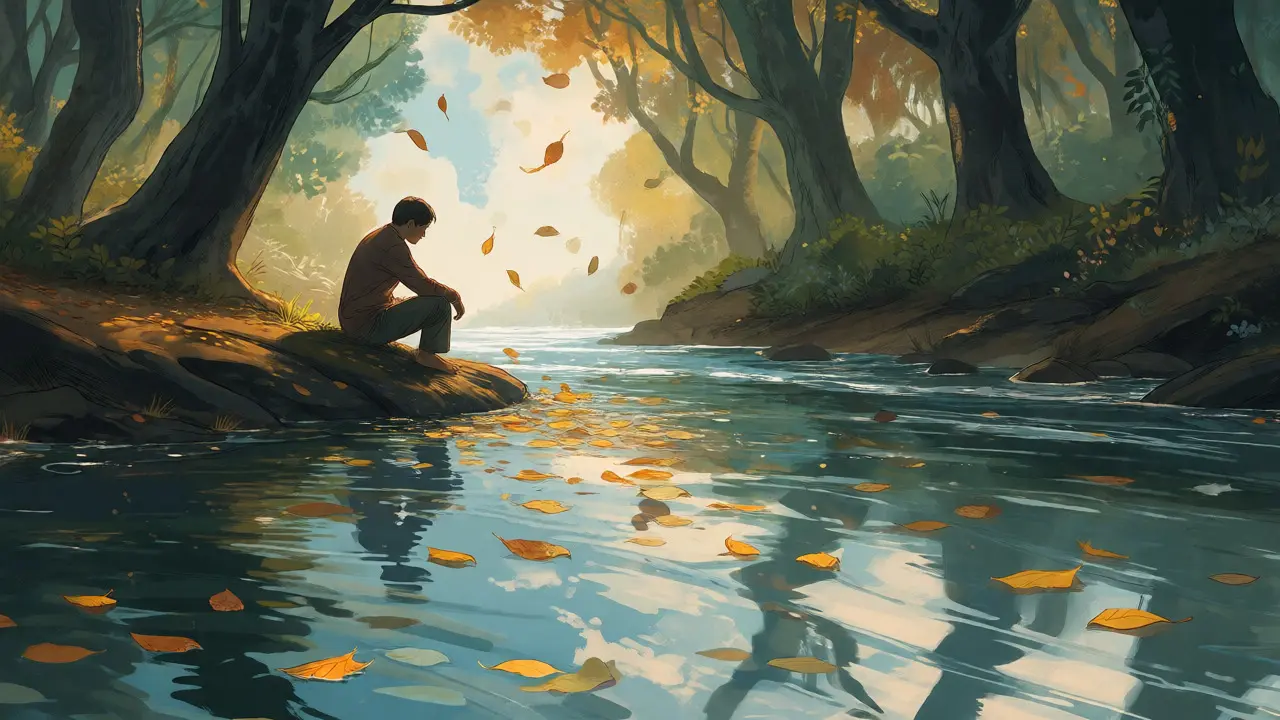 Ilustrace v stylu Alana Leeho ukazuje osobu sedící klidně u řeky, která pozoruje odplouvající listí jako metaforu myšlenek.