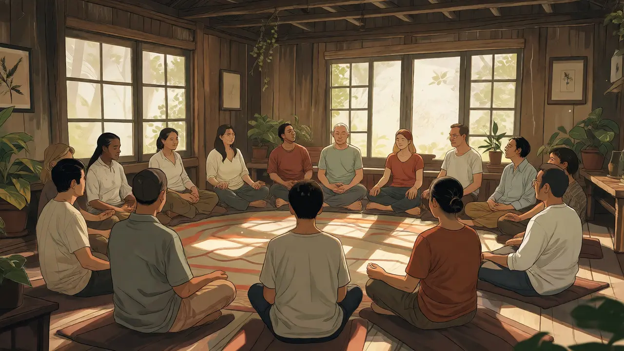 Ilustrace v stylu Alana Leeho zachycuje skupinu lidí meditujících v kruhu v útulné dřevěné chatě osvětlené sluncem.