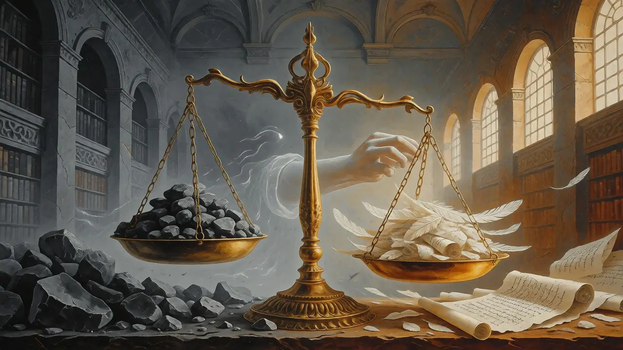 Ilustrace váh spravedlnosti ve stylu fantasy, kde lehká pera převažují nad těžkými kameny strachu.