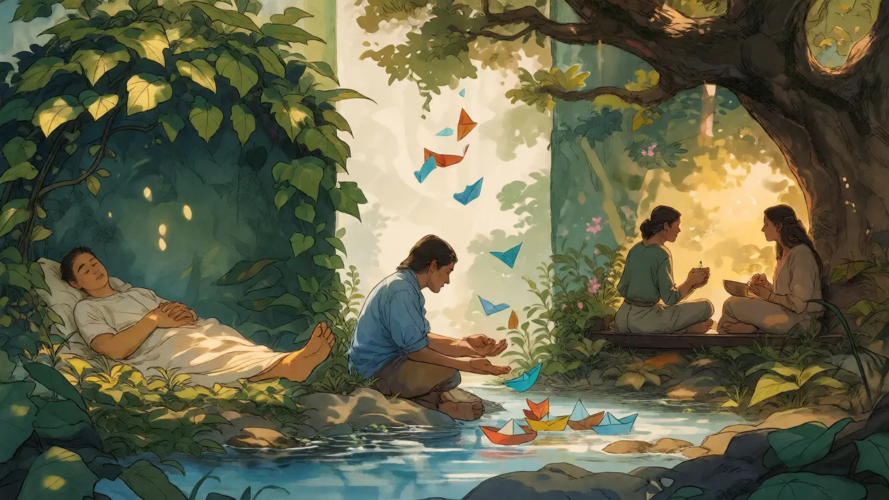 Ilustrace zahrady znázorňující tři pilíře pohody: spánek, emoční úlevu a sociální kontakt