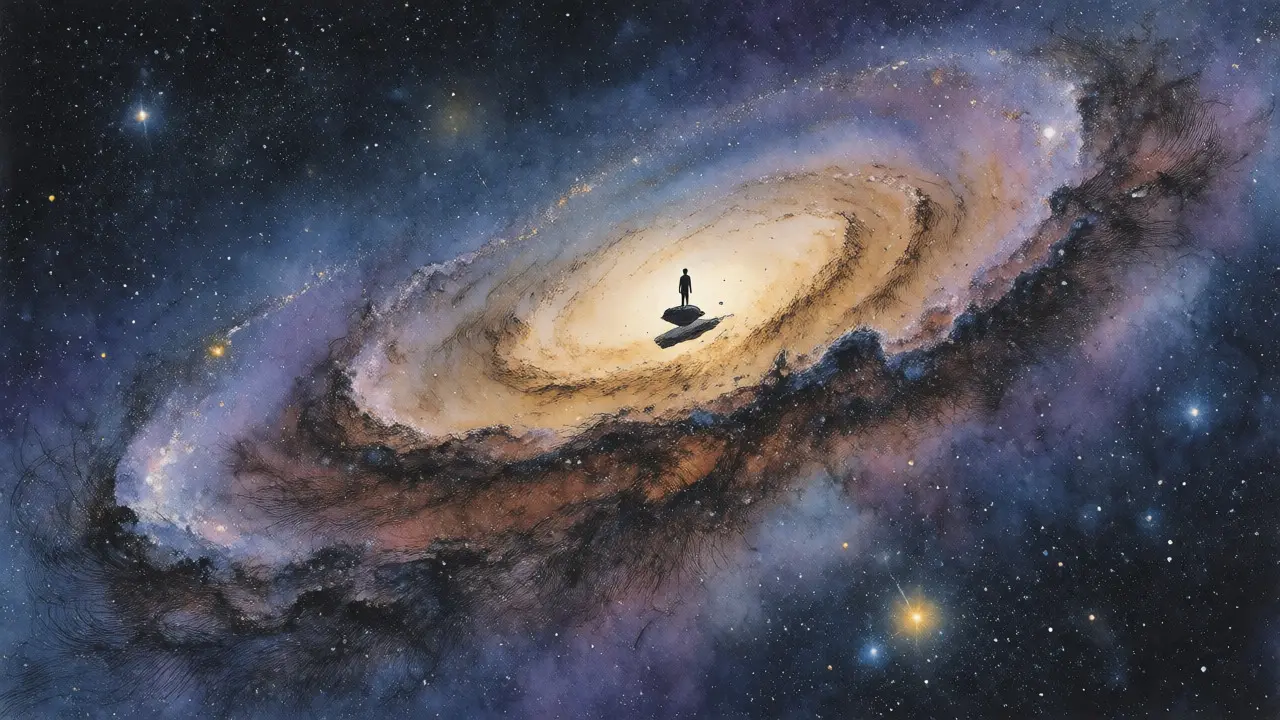 Malba vesmírné scény s malou postavou na skále uprostřed galaxie, znázorňující kosmickou perspektivu.