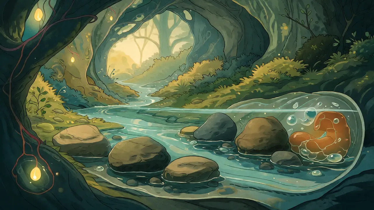 Metaforická ilustrace vnitřního světa těla s blokováním toku tekutin ve stylu Alana Lee