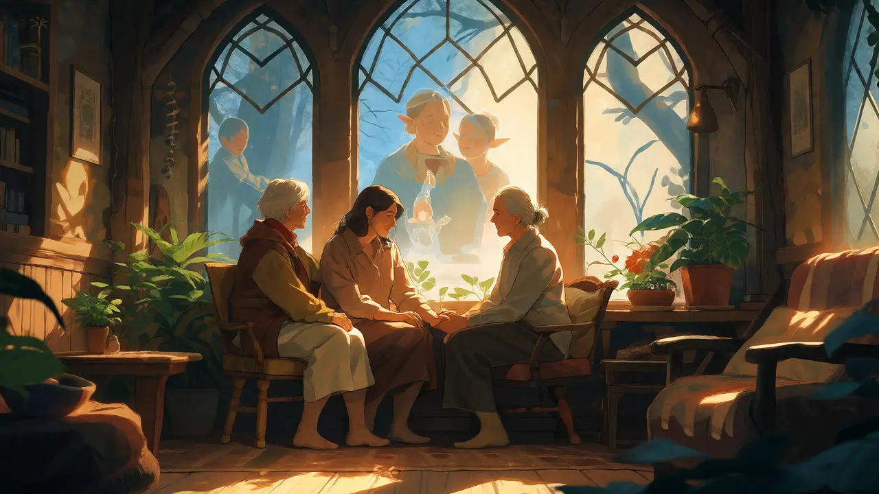 Teplá ilustrace rodiny sedící v bezpečném domově pod ochrannými duchovními bytostmi.