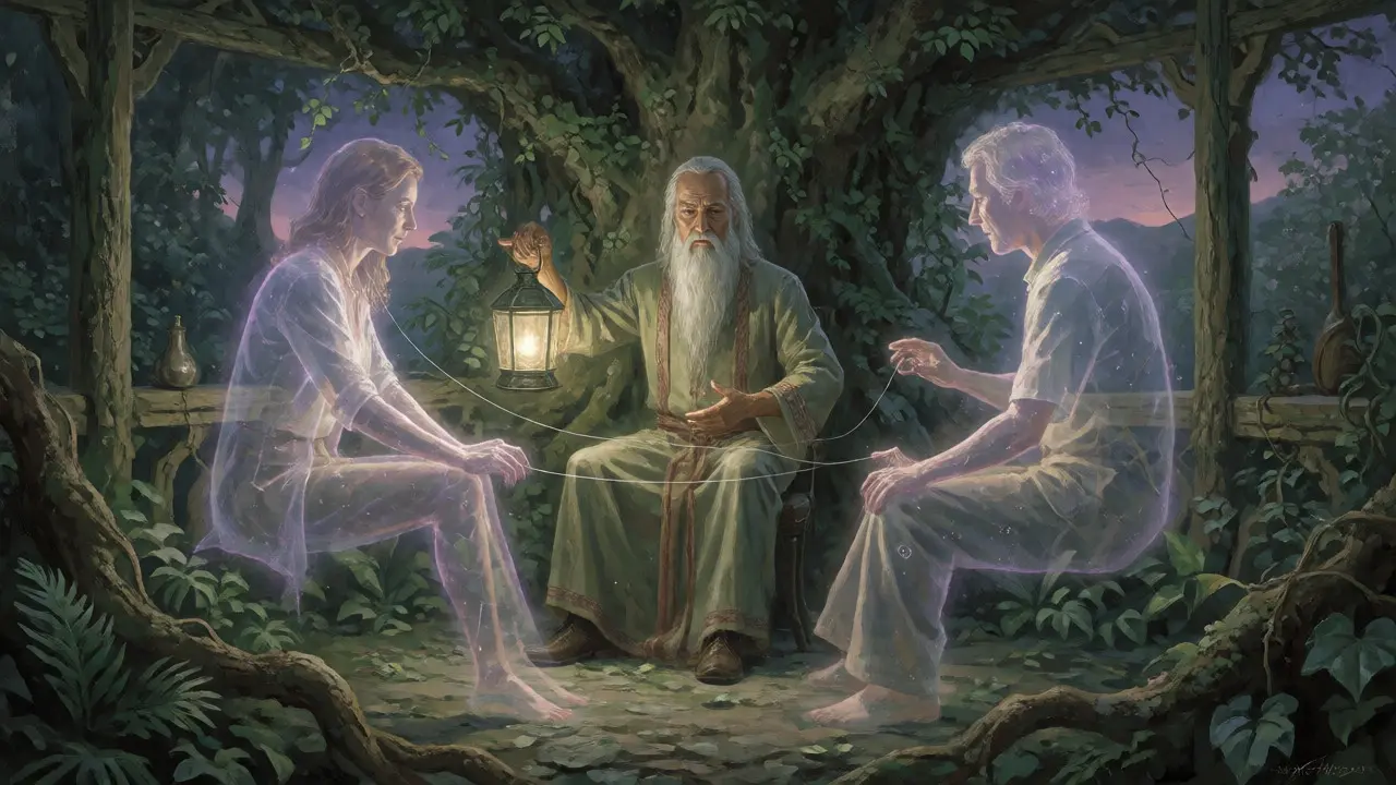 Terapeut s lucernou spojující duchovní projekce dvou klientů v magickém prostředí.