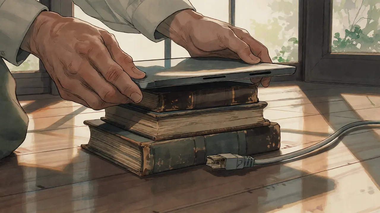 Úprava výšky notebooku pomocí knih pro lepší úhel kamery při online sezení