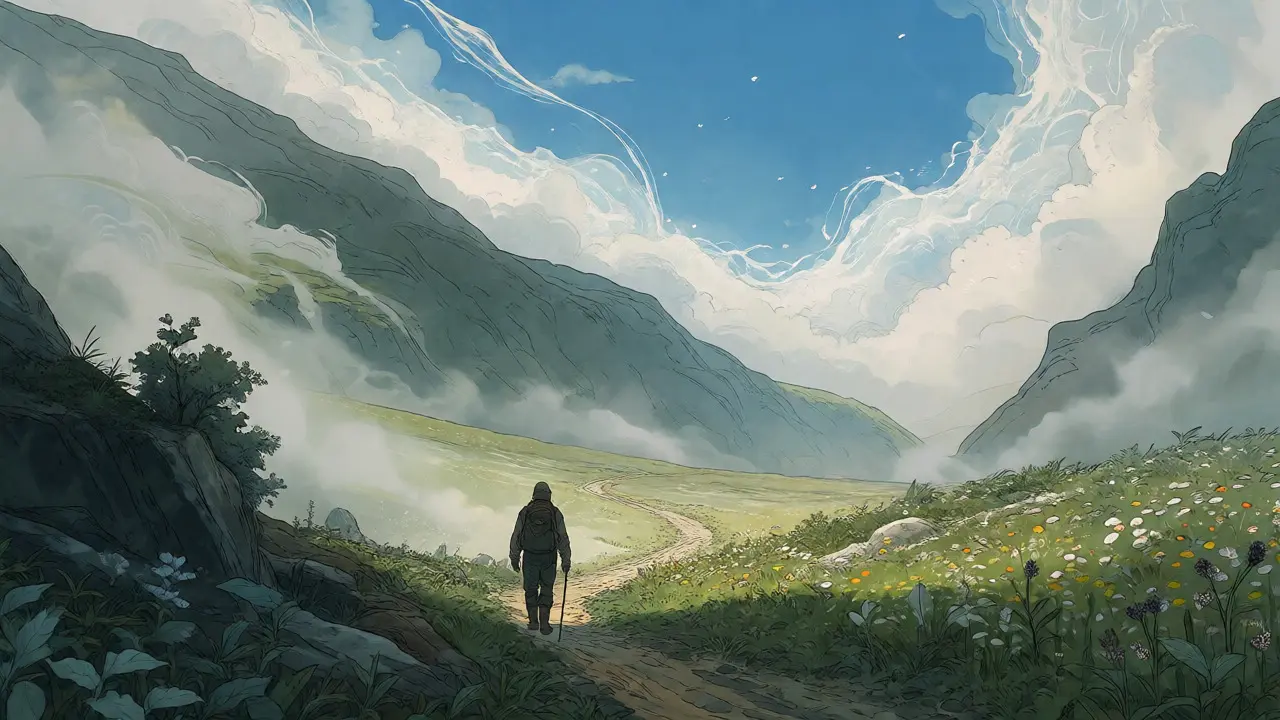 Walking a path from shadow to light in a misty valley